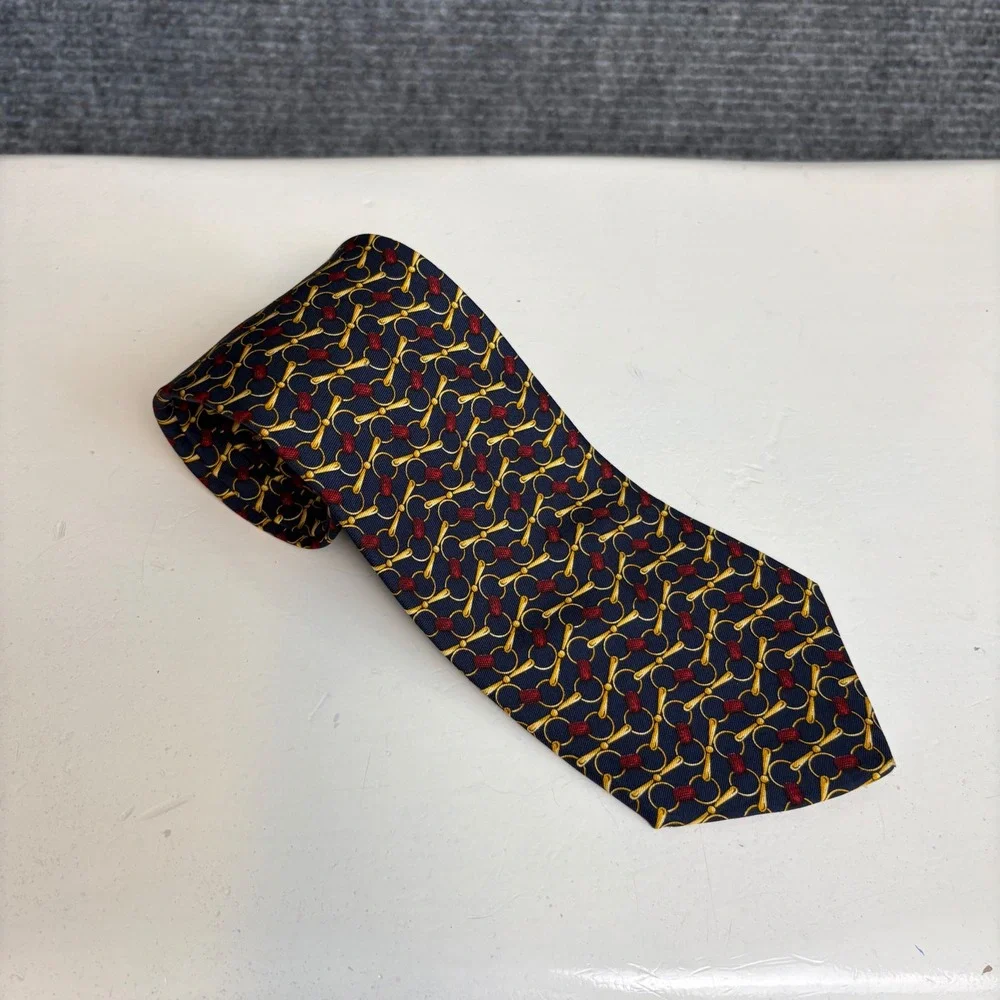 Brooks Brothers Makers Mens Silk Tie Navy Blue Gold Equestrian Bit Red Pattern